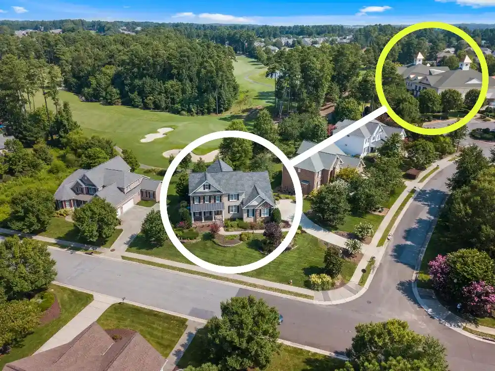 Aerial view of a residential property with highlighted areas
