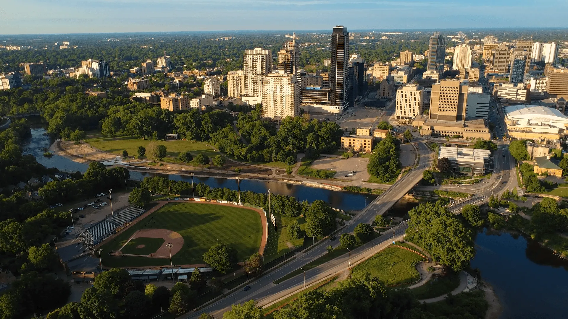 Aerial view of downtown London, Ontario at golden hour