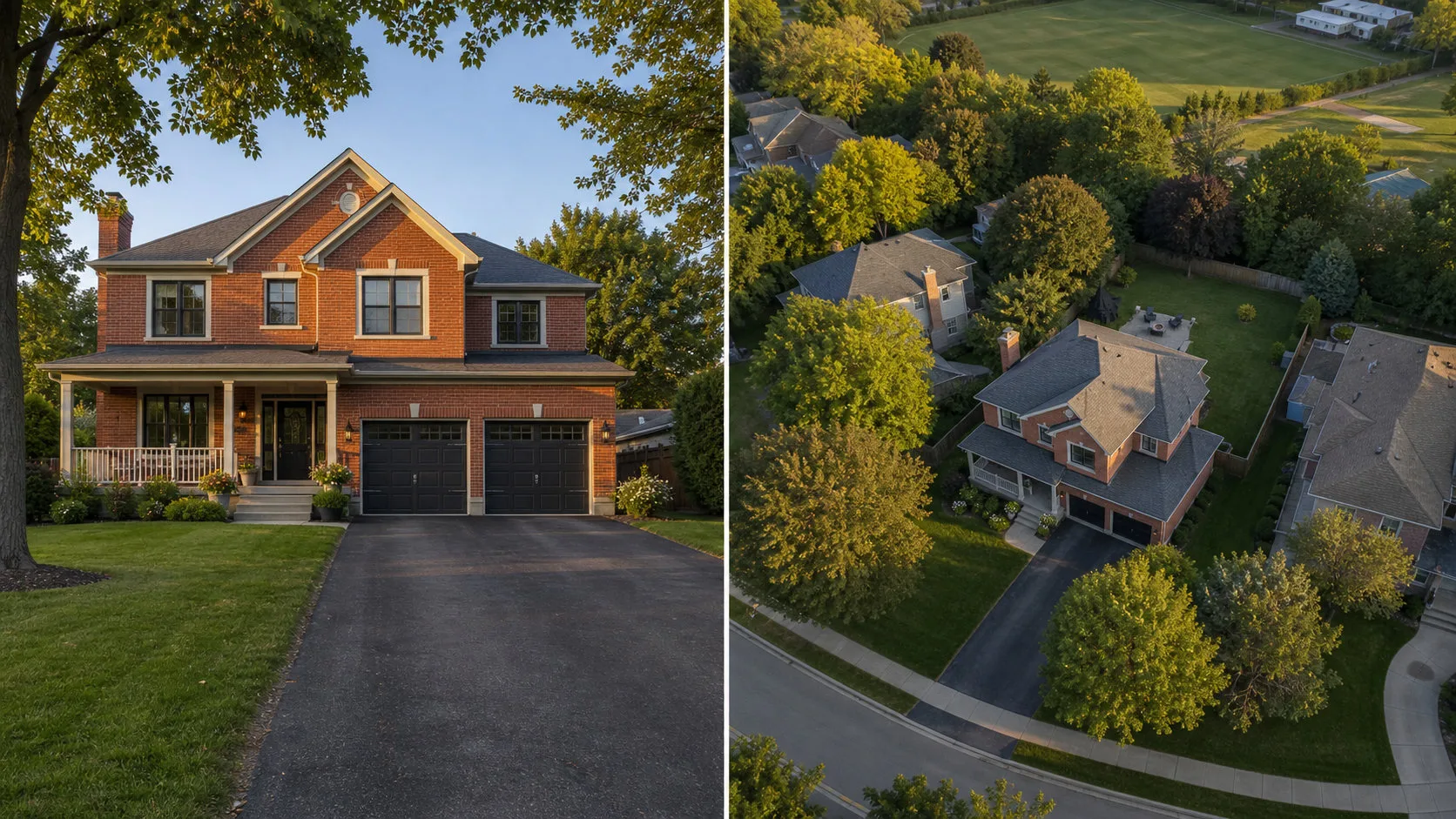 Side by side comparison of the same red brick two storey home. On the left, a ground level real estate photo taken from the driveway showing the front facade, porch, and landscaping. On the right, an aerial drone photo of the same house from above showing the full lot, the fenced back yard, neighbouring rooftops, and the street beyond.