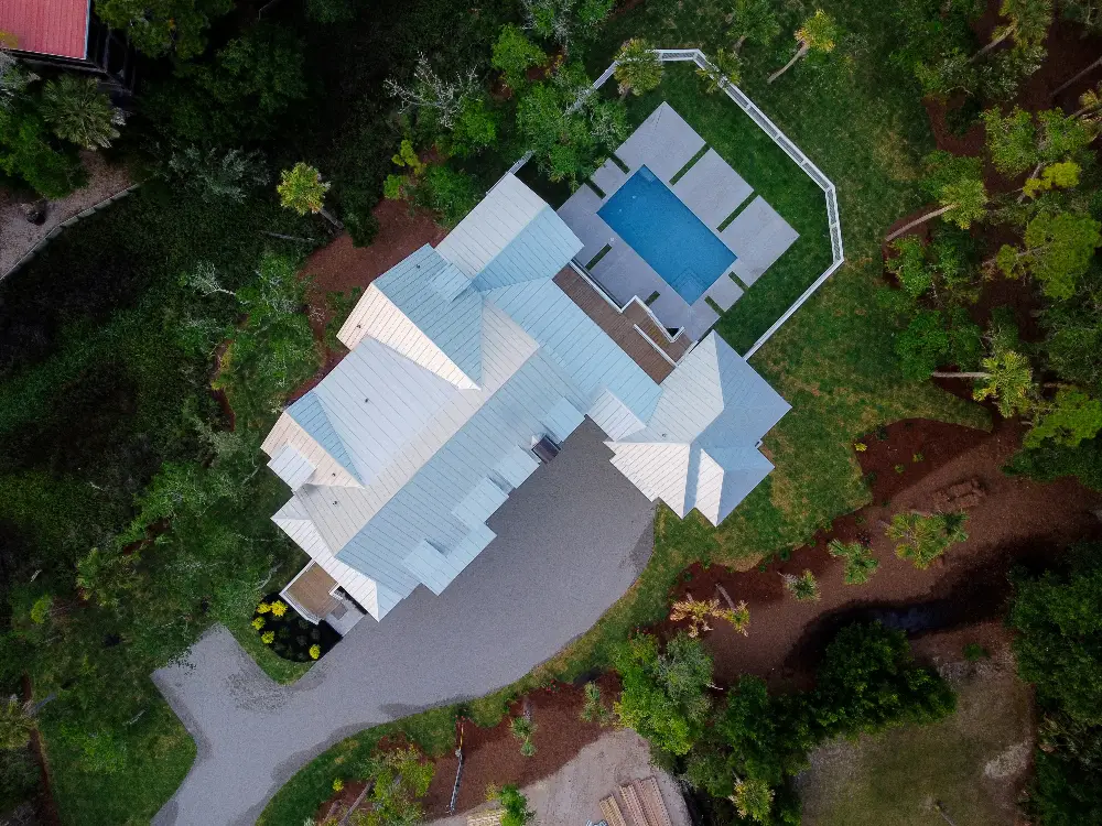 Top down aerial view of a large residential property
